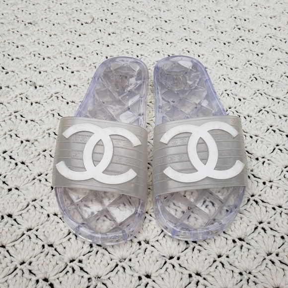 CHANEL Shoes - Chanel Jelly Slides Clear Logo Shoes Pool